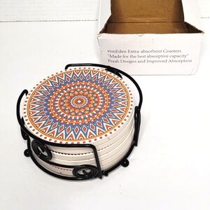 Mandala Patterned Extra Absorbent Stone Coasters with Metal Keeper Stand New